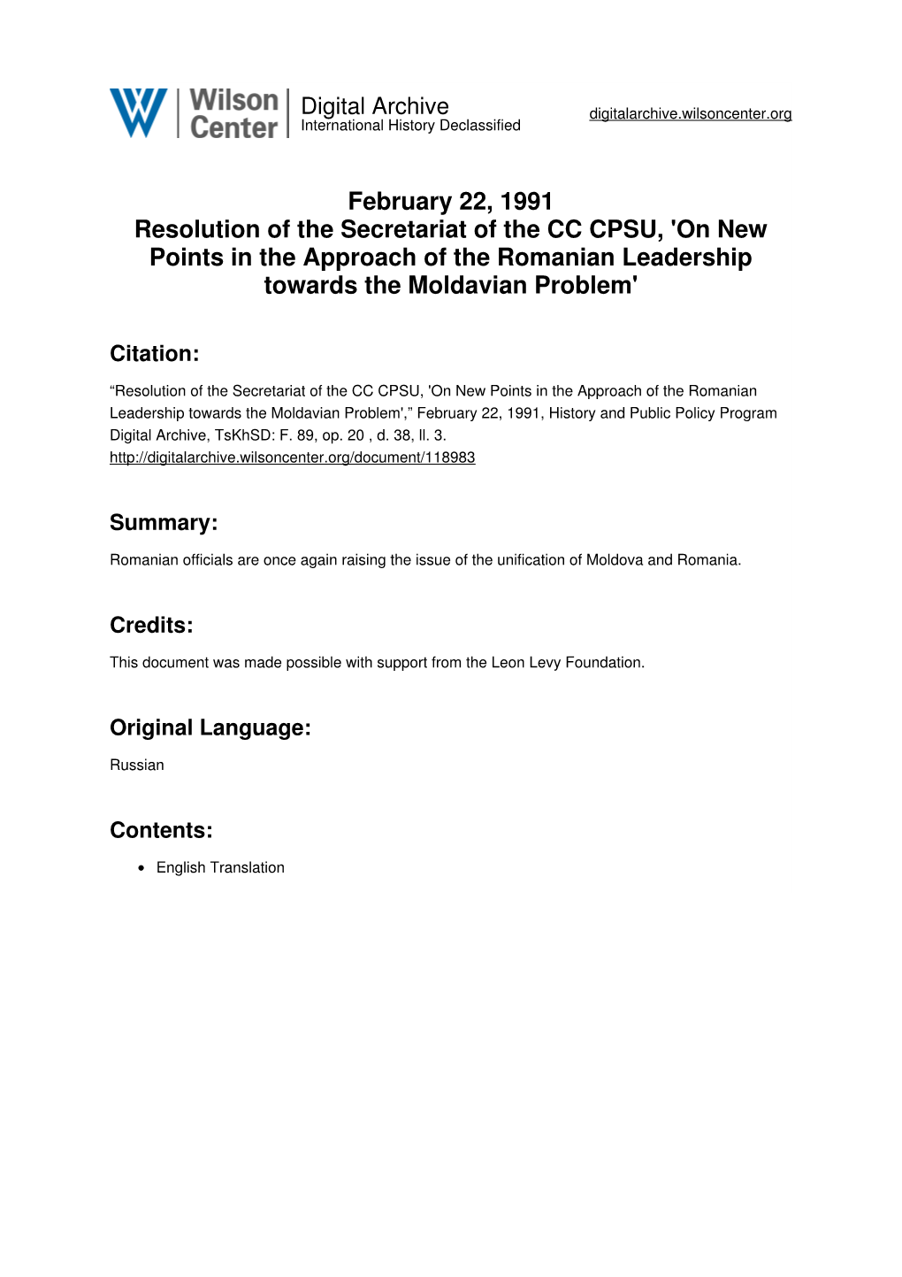 February 22, 1991 Resolution of the Secretariat of the CC CPSU, 'On New Points in the Approach of the Romanian Leadership Towards the Moldavian Problem'