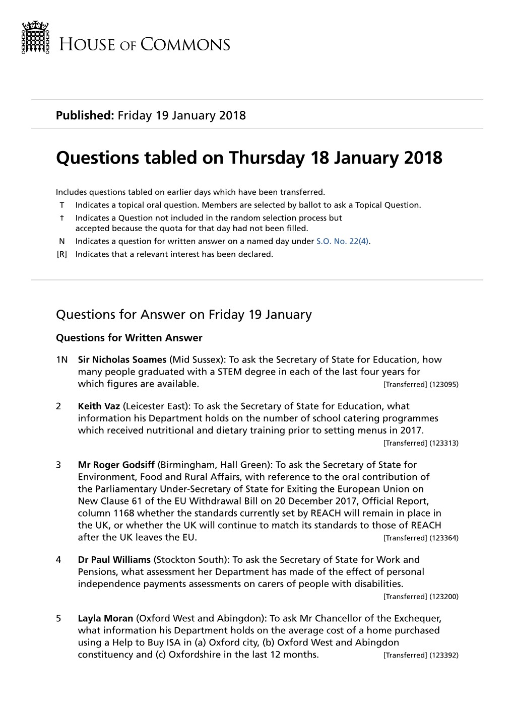 Questions Tabled on Thursday 18 January 2018