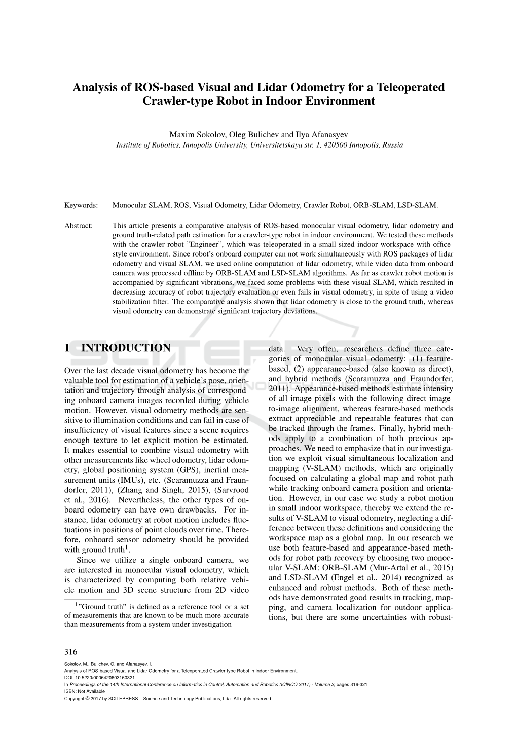 Analysis of ROS-Based Visual and Lidar Odometry for a Teleoperated Crawler-Type Robot in Indoor Environment