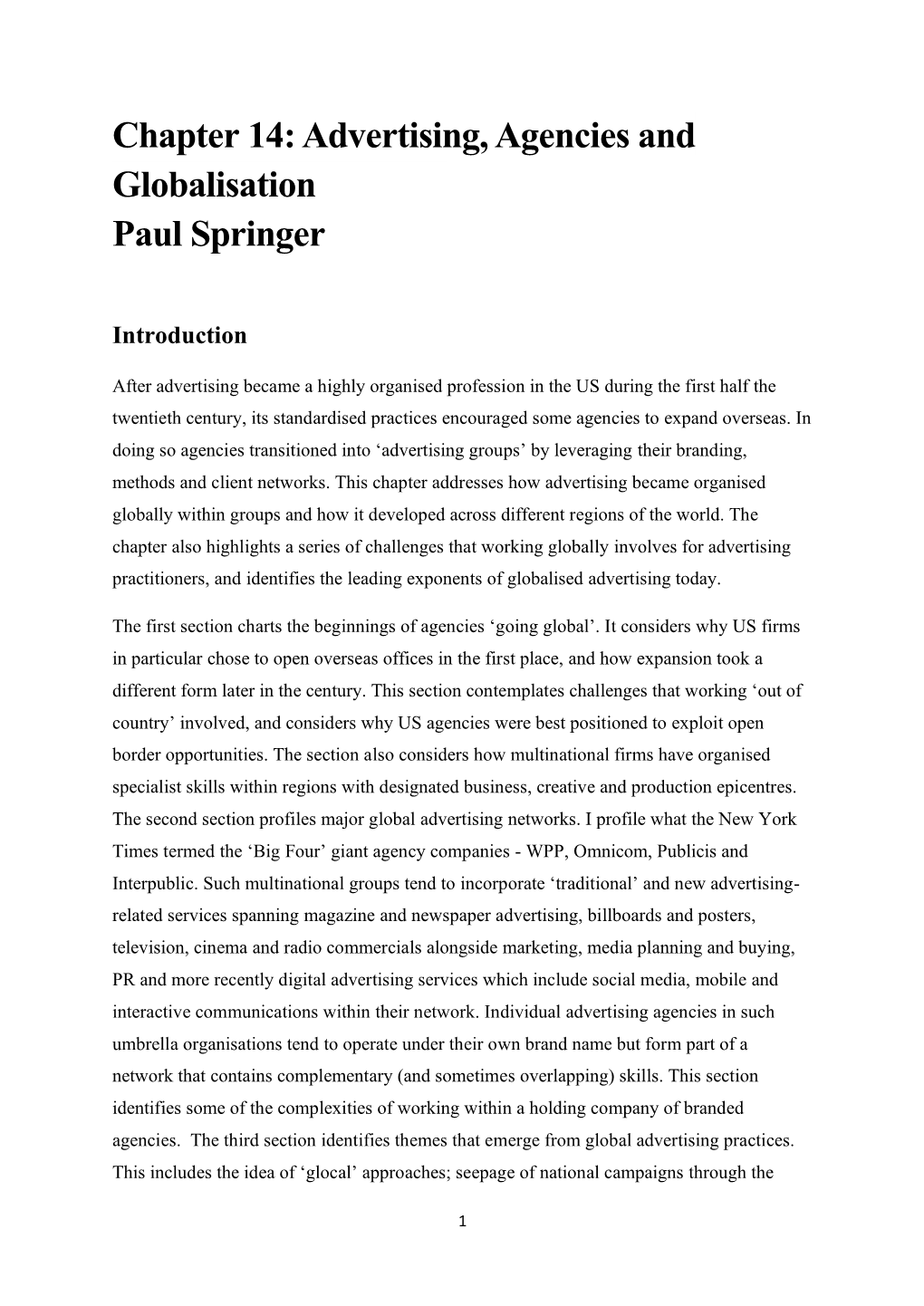 Advertising, Agencies and Globalisation Paul Springer