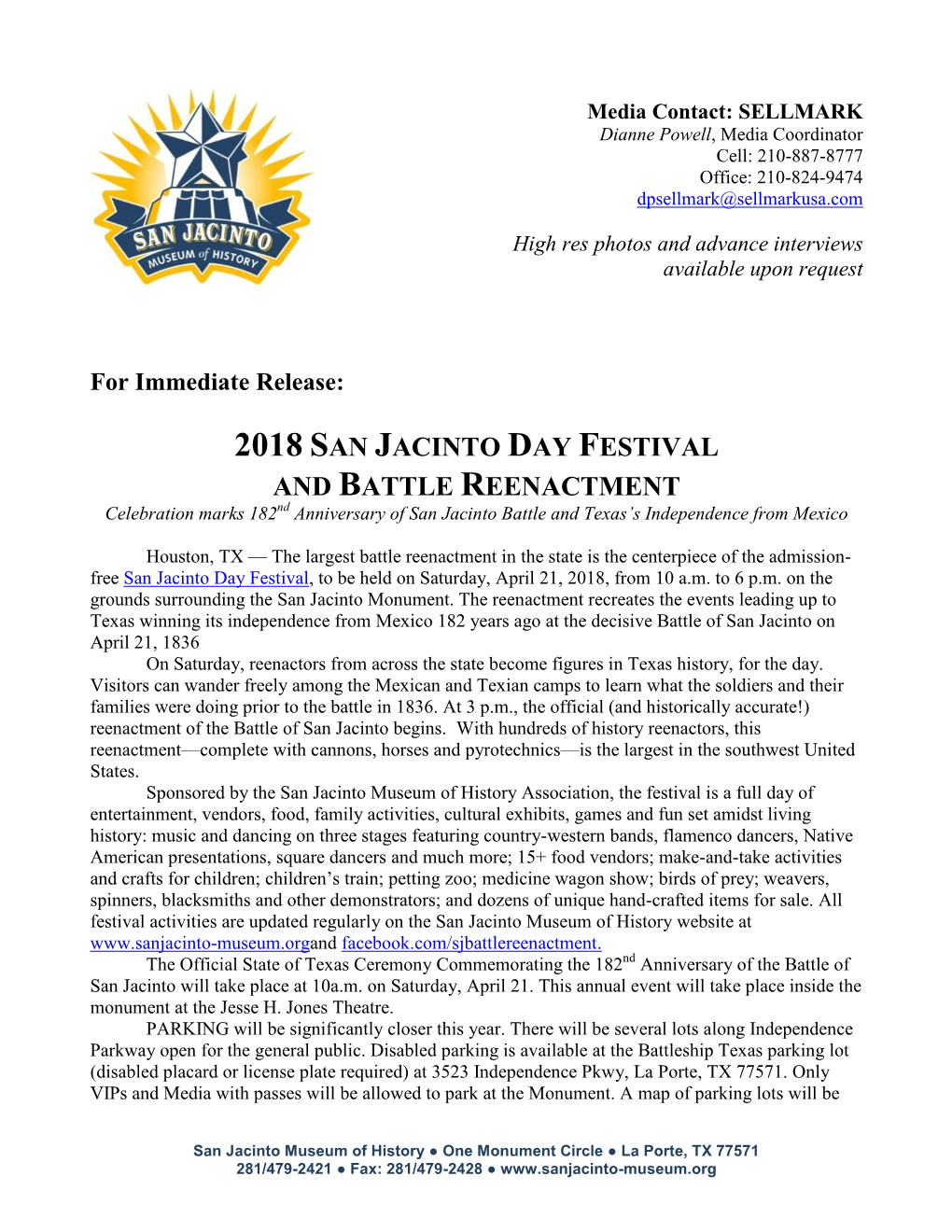 2018 SAN JACINTO DAY FESTIVAL and BATTLE REENACTMENT Celebration Marks 182Nd Anniversary of San Jacinto Battle and Texas’S Independence from Mexico