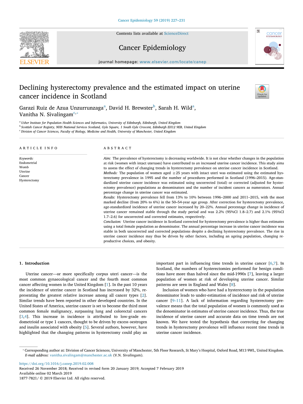 Declining Hysterectomy Prevalence and the Estimated Impact on Uterine Cancer Incidence in Scotland T