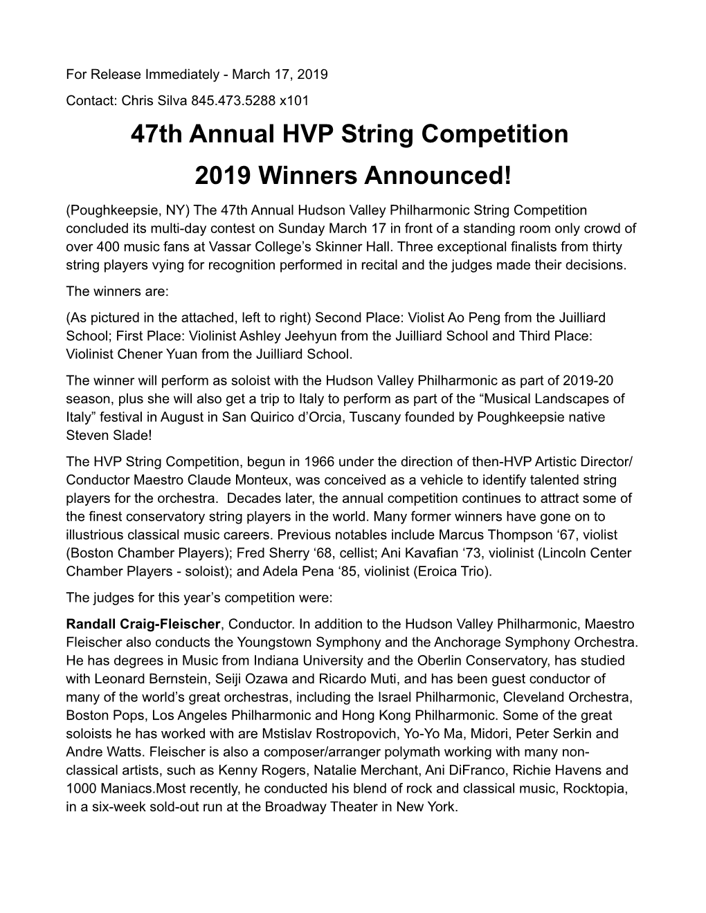 47Th Annual HVP String Competition 2019 Winners Announced!