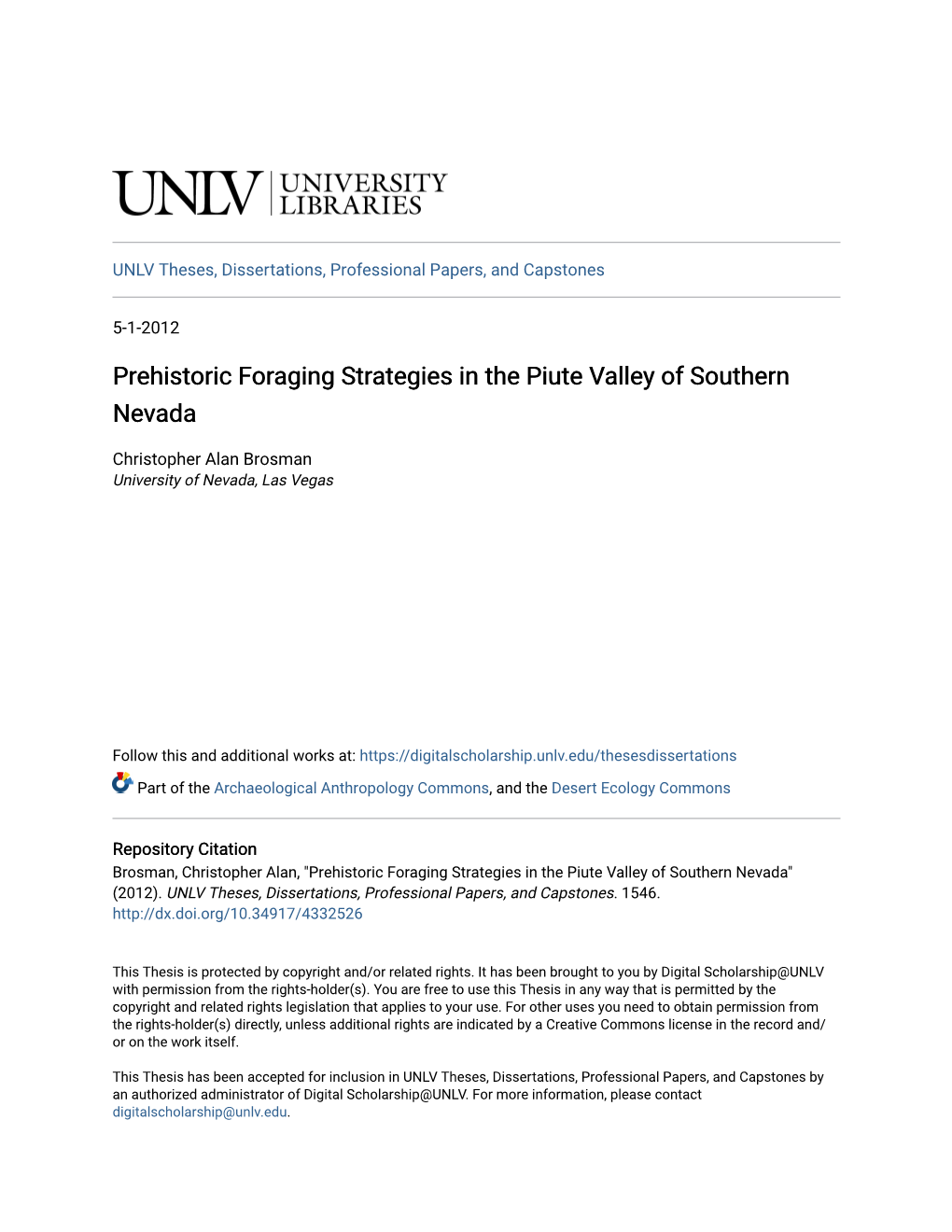 Prehistoric Foraging Strategies in the Piute Valley of Southern Nevada