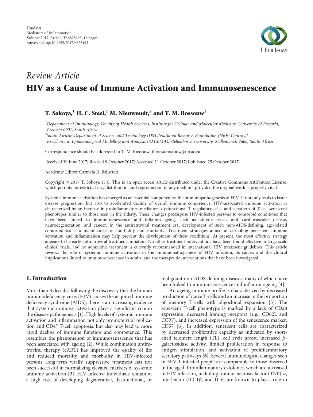 Review Article HIV As a Cause of Immune Activation and Immunosenescence