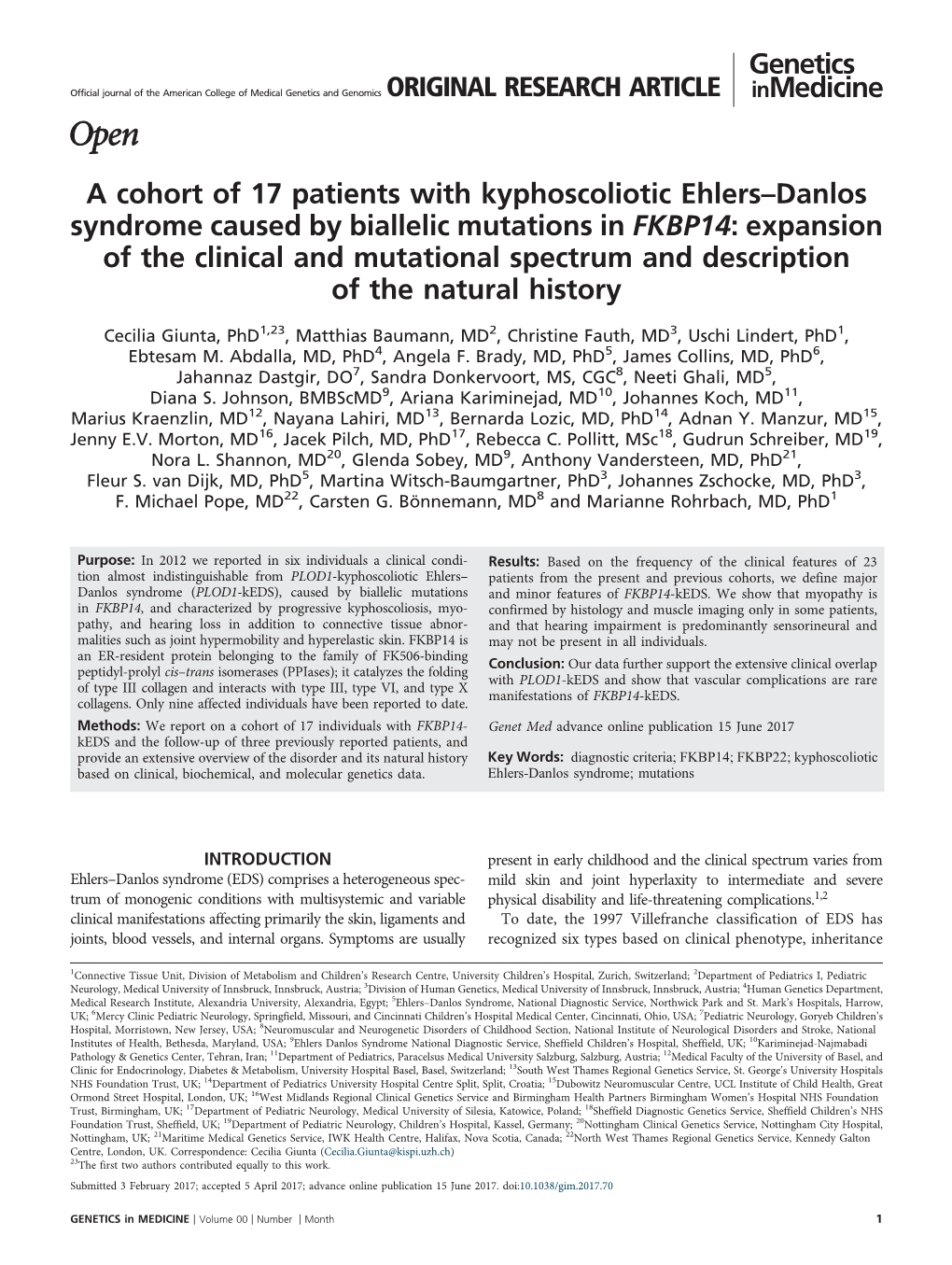 A Cohort of 17 Patients with Kyphoscoliotic Ehlers-Danlos