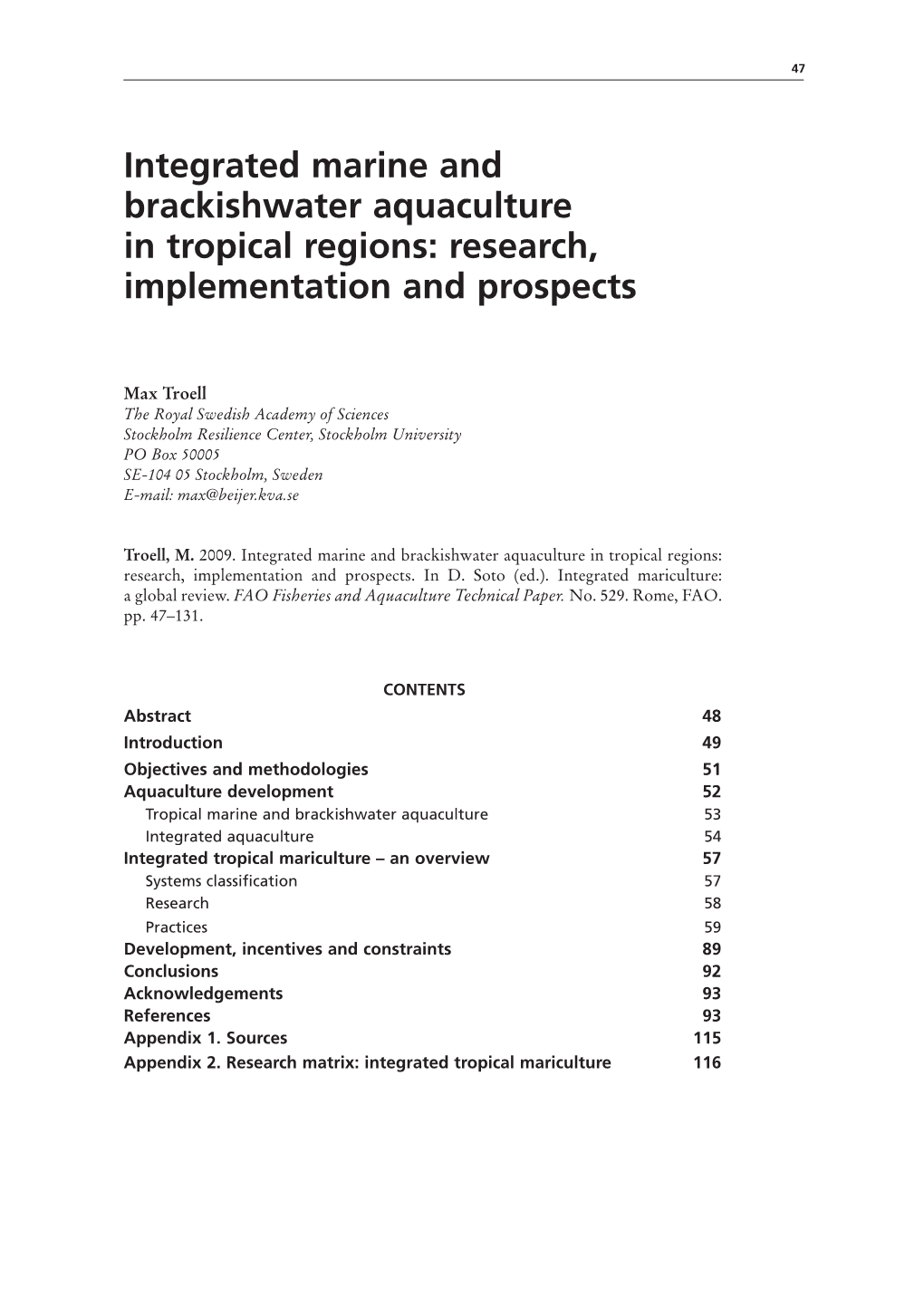 Integrated Marine and Brackishwater Aquaculture in Tropical Regions: Research, Implementation and Prospects