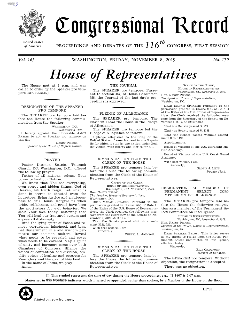 Congressional Record United States Th of America PROCEEDINGS and DEBATES of the 116 CONGRESS, FIRST SESSION