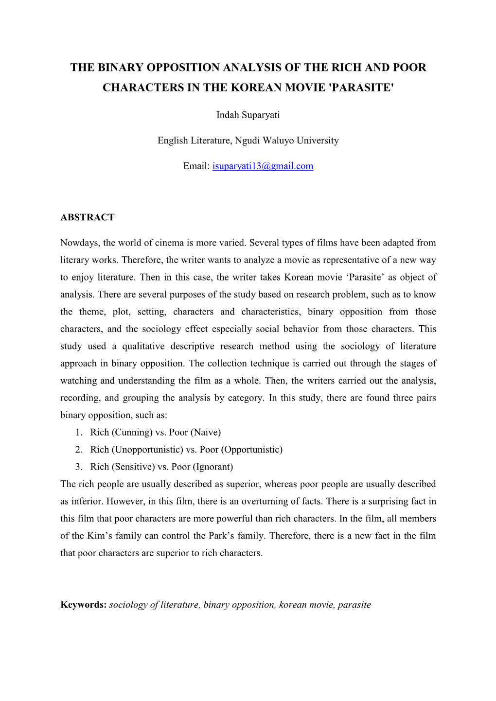 The Binary Opposition Analysis of the Rich and Poor Characters in the Korean Movie 'Parasite'