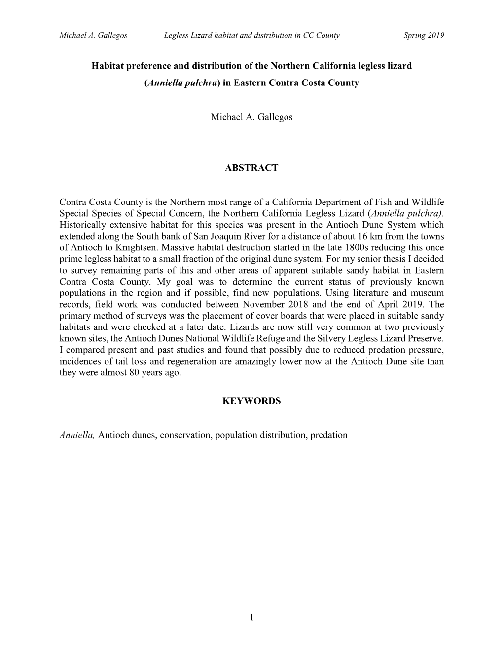 1 Habitat Preference and Distribution of the Northern California Legless Lizard (Anniella Pulchra) in Eastern Contra Costa Coun