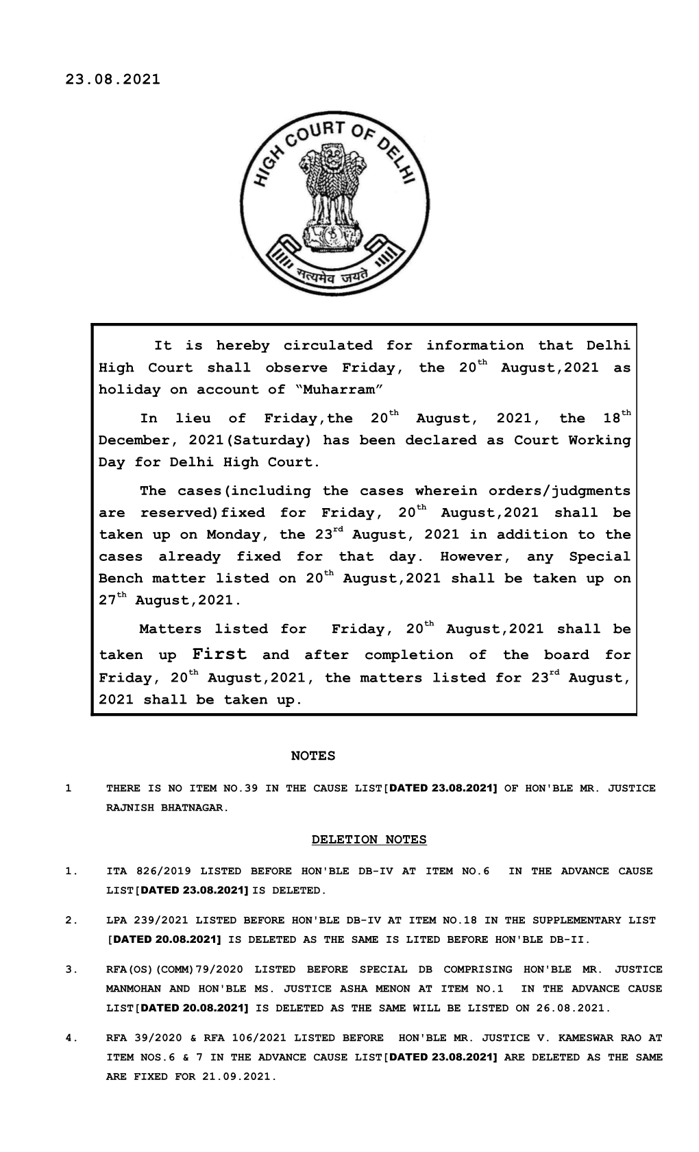 NOTES It Is Hereby Circulated for Information That Delhi High Court