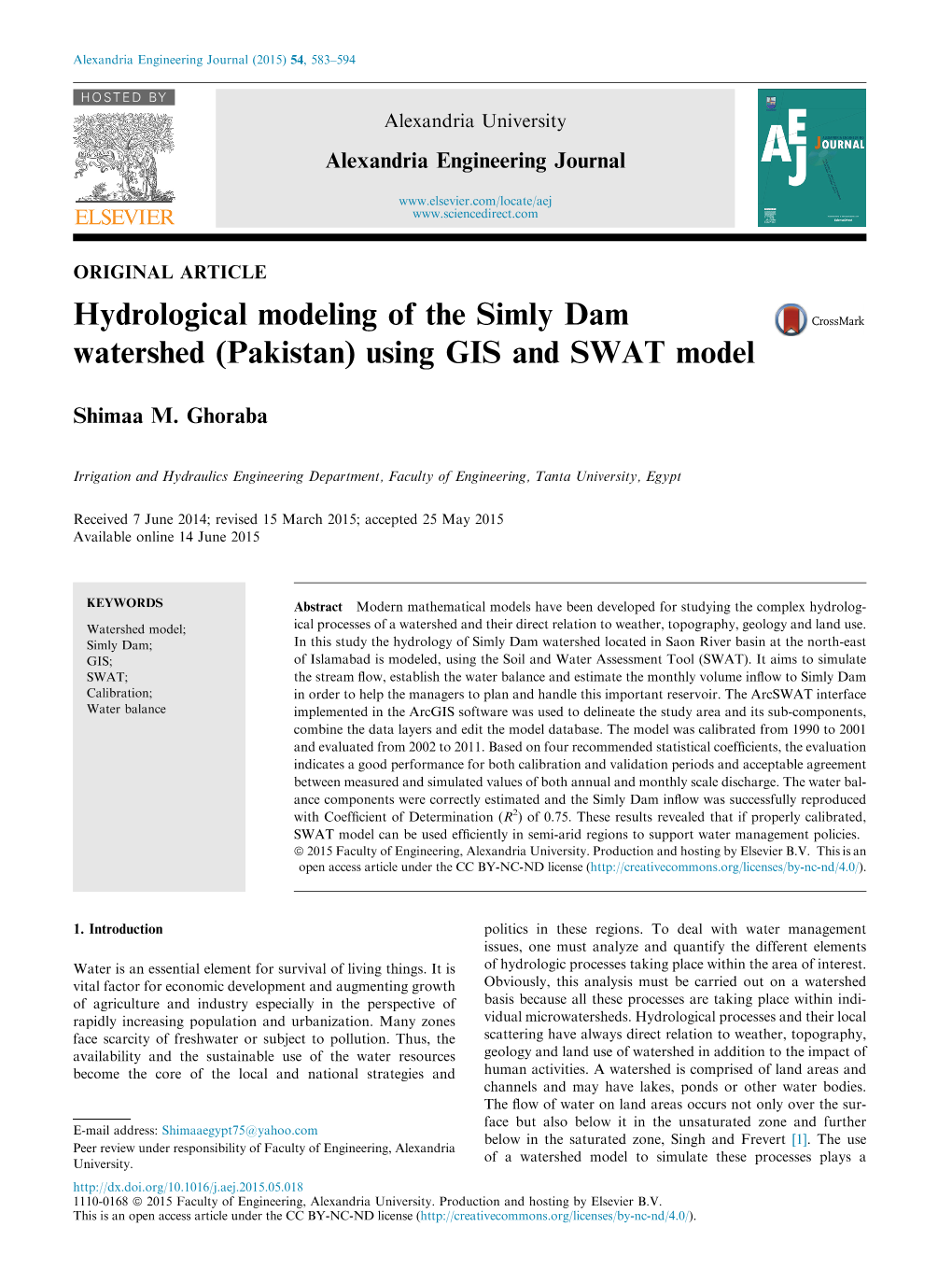 Hydrological Modeling of the Simly Dam Watershed (Pakistan) Using GIS and SWAT Model