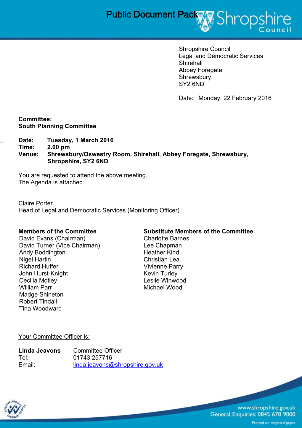 (Public Pack)Agenda Document for South Planning Committee, 01/03/2016 14:00