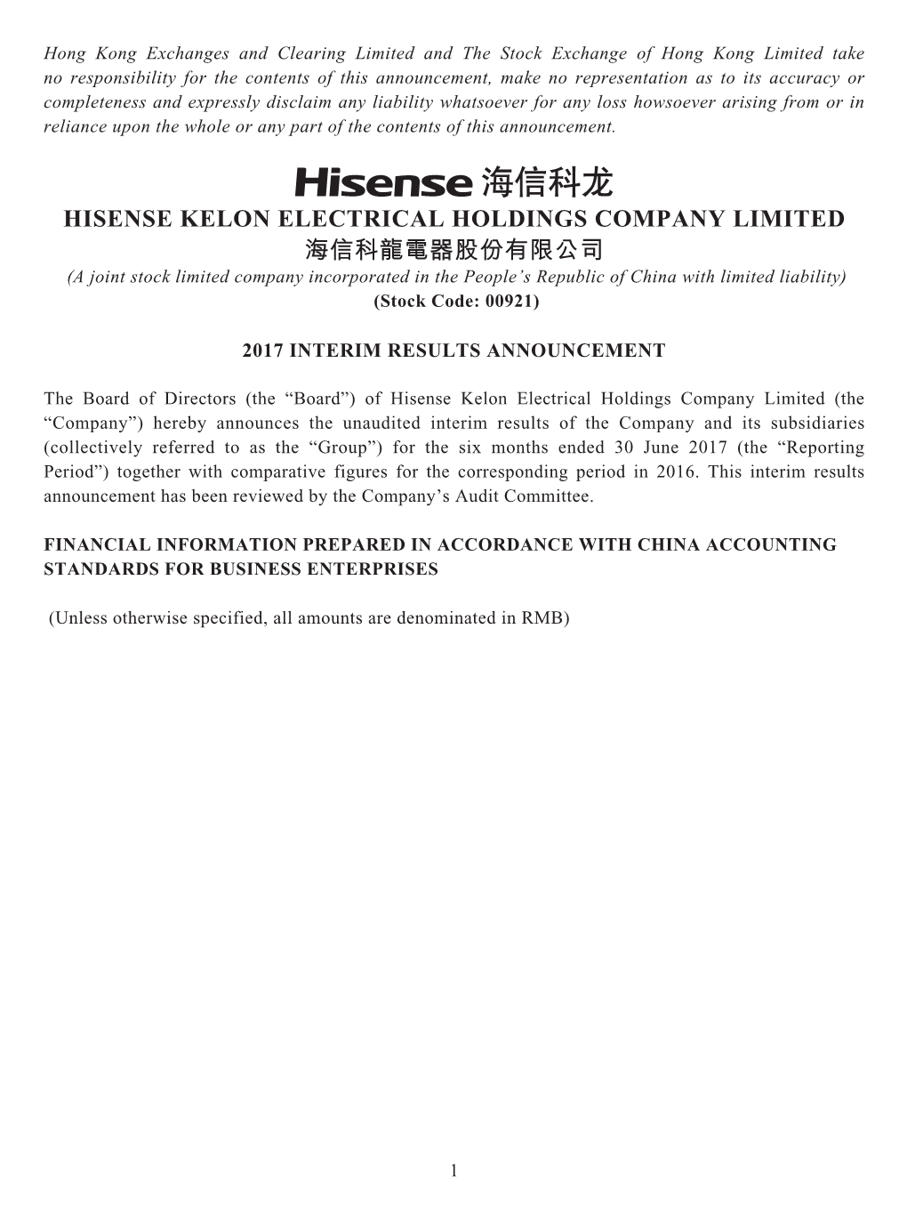 Hisense Kelon Electrical Holdings Company Limited