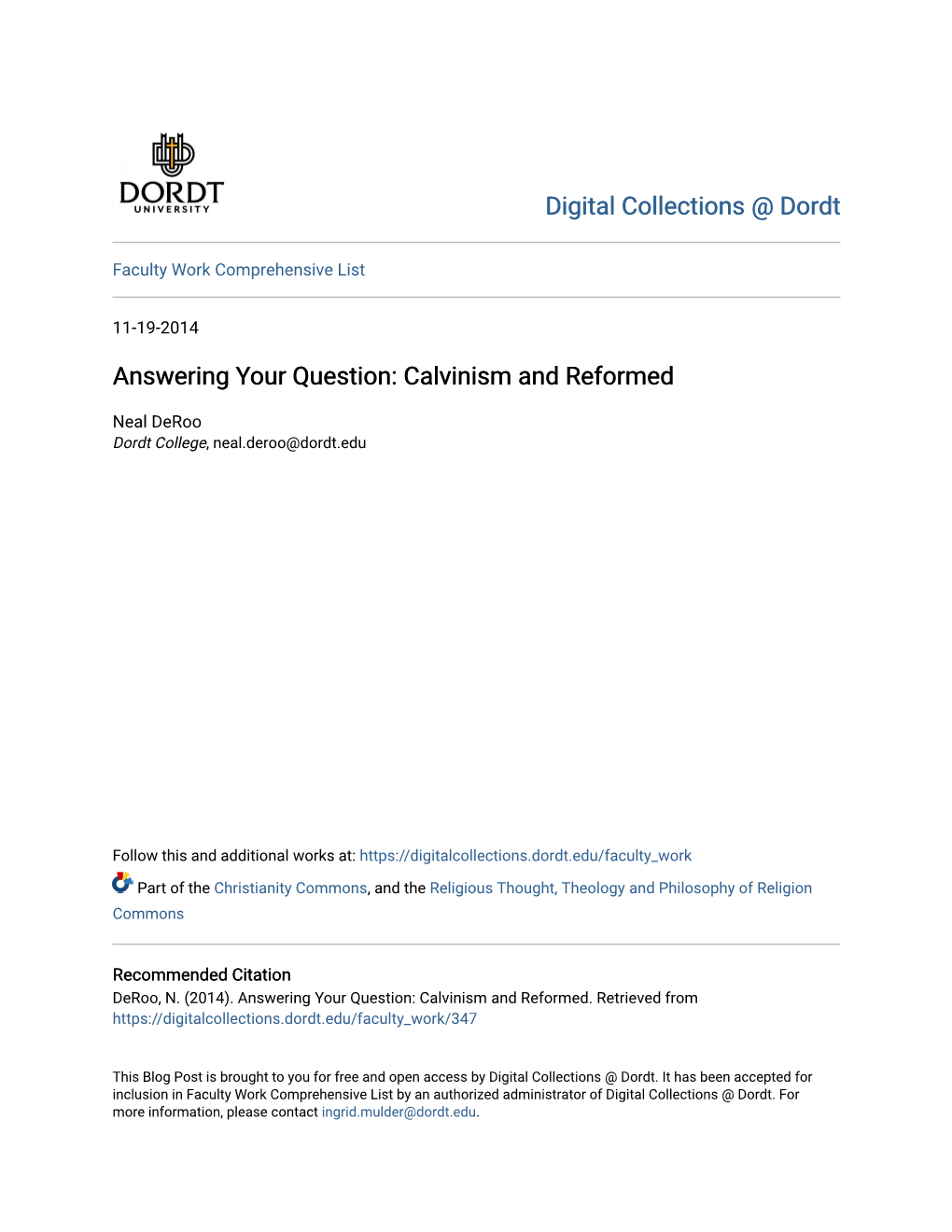 Answering Your Question: Calvinism and Reformed