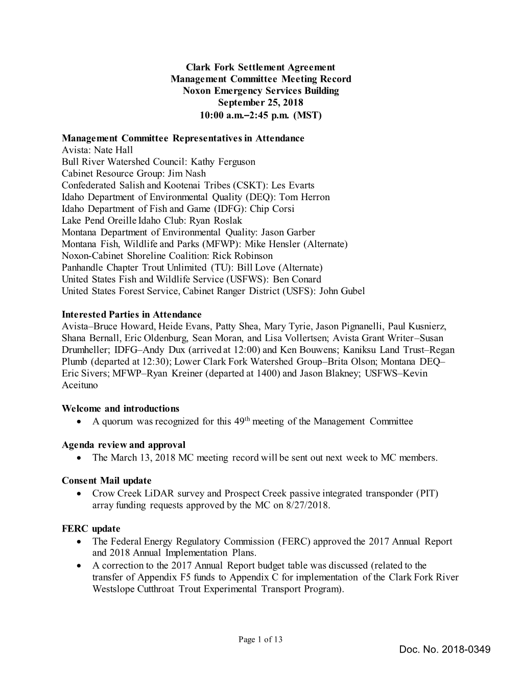 Clark Fork Settlement Agreement Management Committee Meeting Record Noxon Emergency Services Building September 25, 2018 10:00 A.M.–2:45 P.M