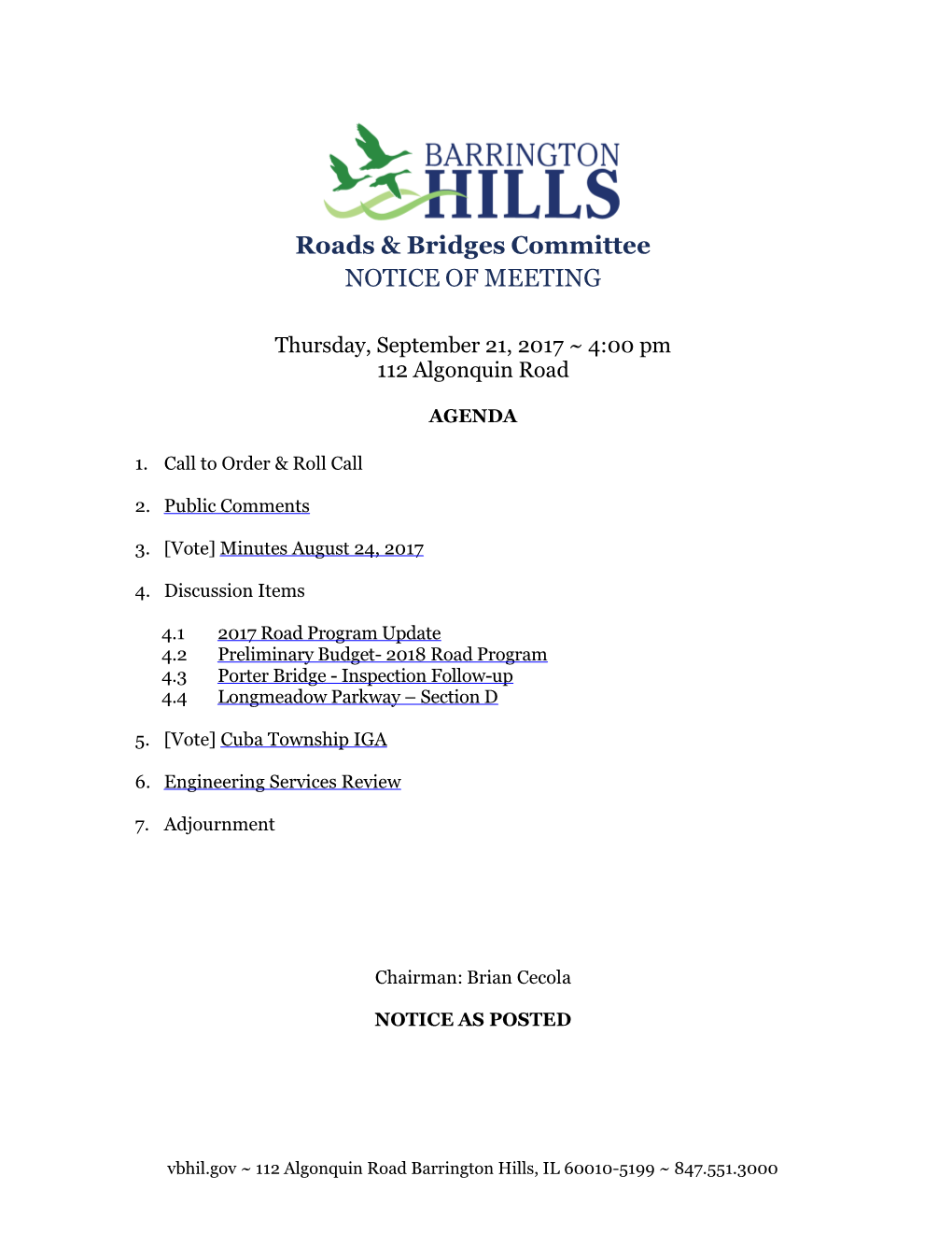 Roads & Bridges Committee NOTICE of MEETING