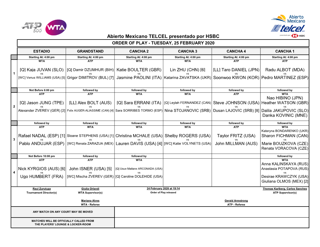 Abierto Mexicano TELCEL Presentado Por HSBC ORDER of PLAY - TUESDAY, 25 FEBRUARY 2020