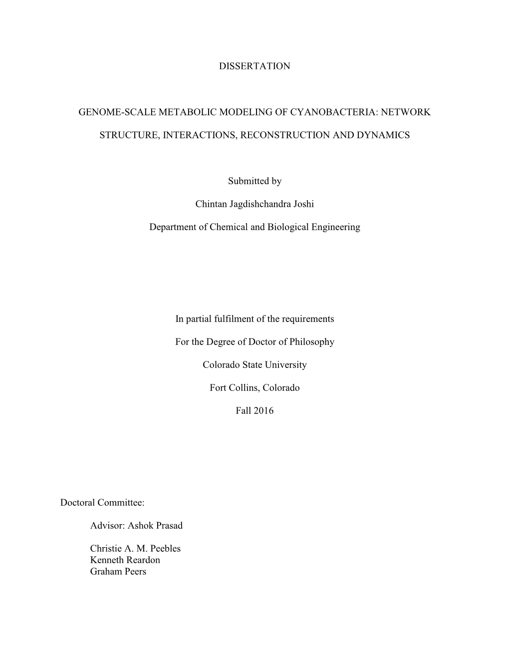 Dissertation Genome-Scale Metabolic Modeling Of