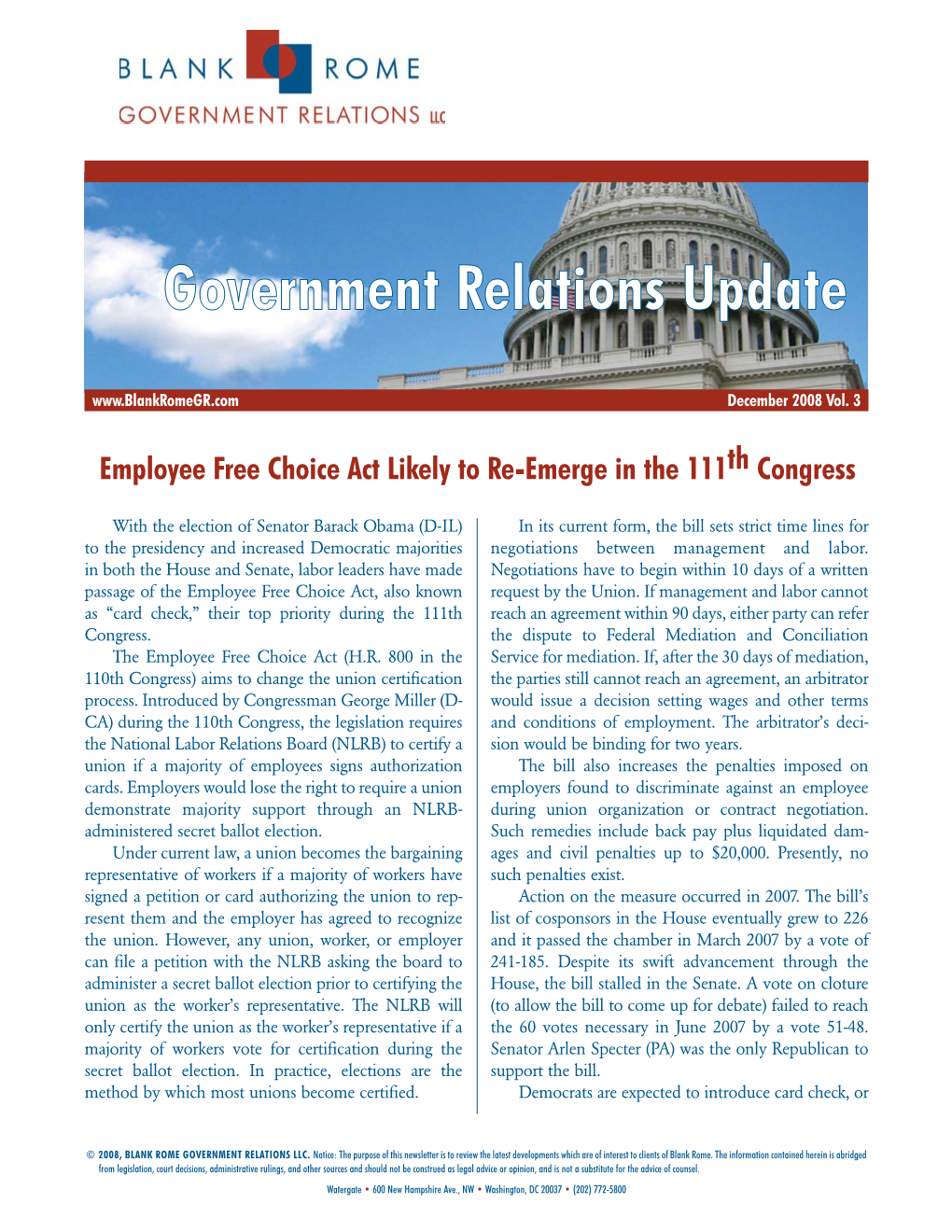 Employee Free Choice Act Likely to Re-Emerge in the 111Th Congress