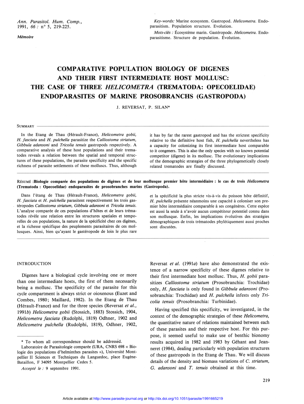 Comparative Population Biology of Digenes and Their First Intermediate Host Mollusc : the Case of Three Helicometra (Trematoda