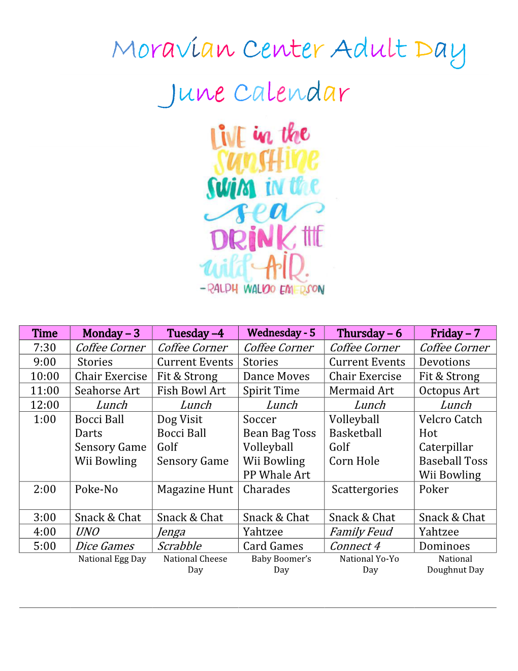 Moravian Center Adult Day June Calendar