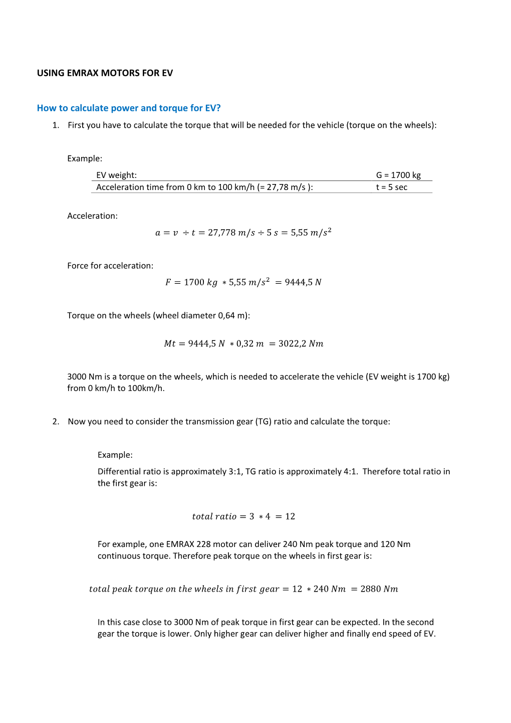 USING EMRAX MOTORS for EV How to Calculate Power and Torque