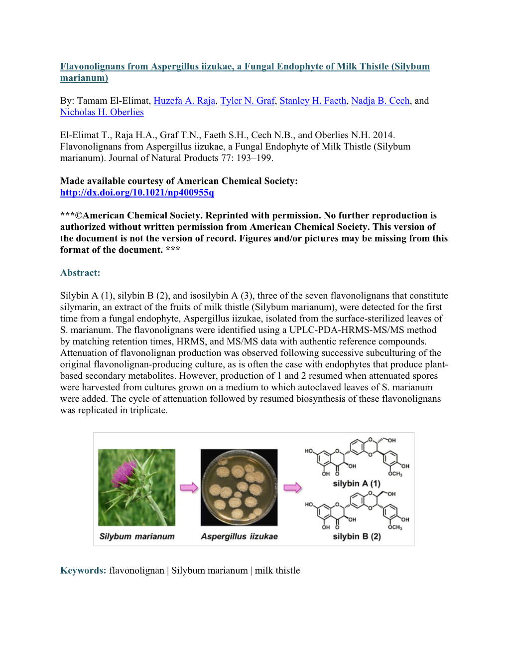 Flavonolignans from Aspergillus Iizukae, a Fungal Endophyte of Milk Thistle (Silybum Marianum)