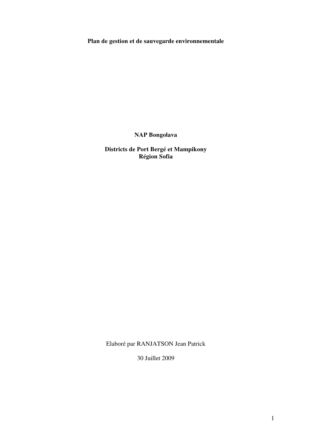 1 Plan De Gestion Et De Sauvegarde Environnementale NAP Bongolava Districts De Port Bergé Et Mampikony Région Sofia Elaboré P