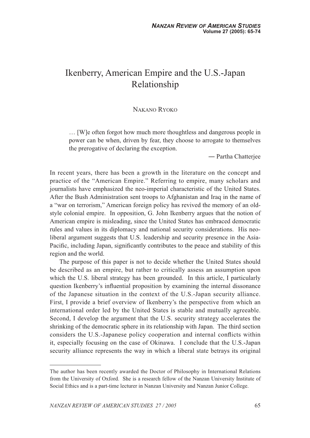 Ikenberry, American Empire and the U.S.-Japan Relationship