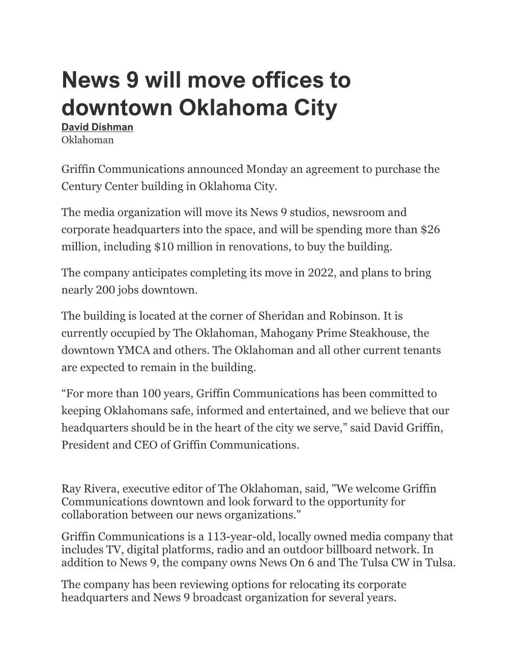 News 9 Will Move Offices to Downtown Oklahoma City David Dishman Oklahoman