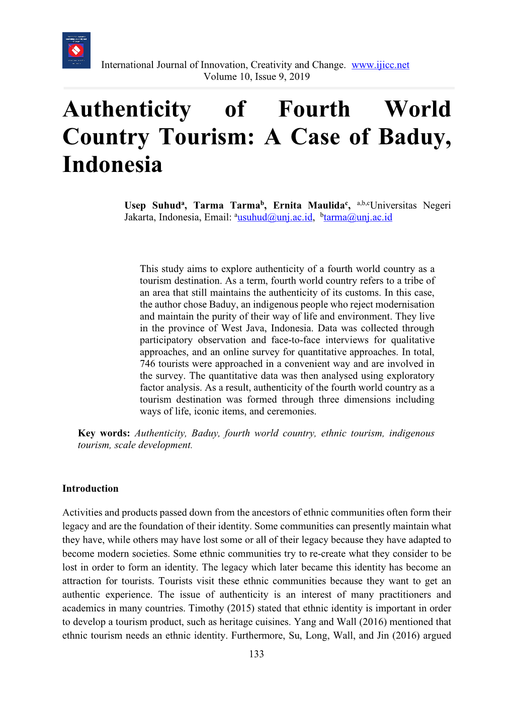 Authenticity of Fourth World Country Tourism: a Case of Baduy, Indonesia