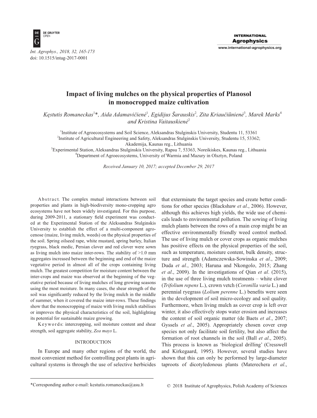 Impact of Living Mulches on the Physical Properties of Planosol In