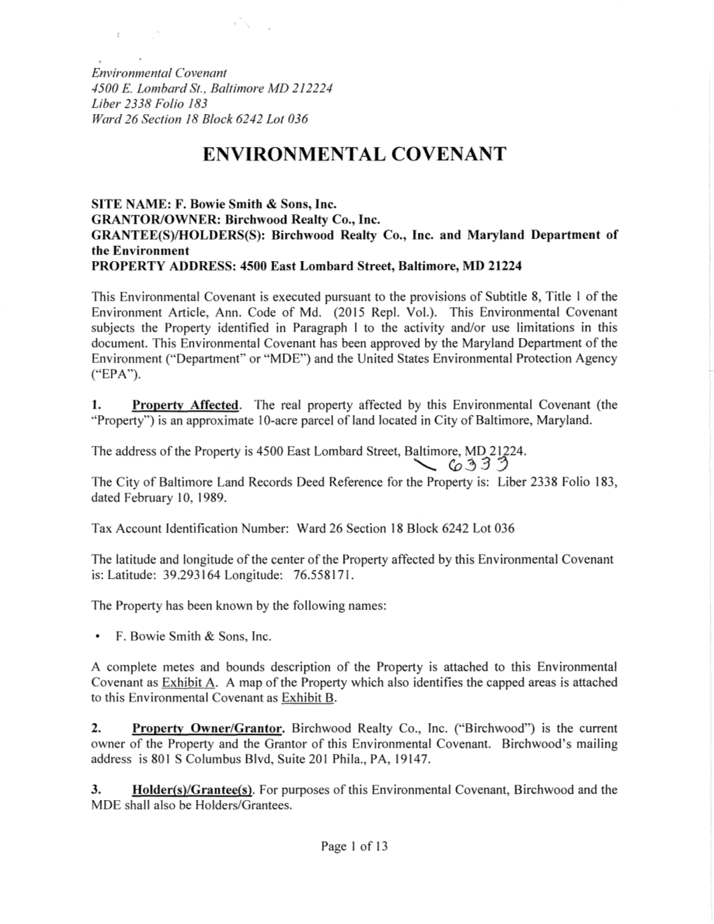 RCRA Environmental Covenant for F. Bowie Smith