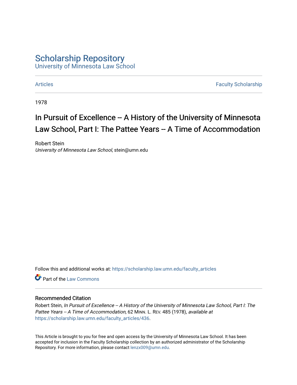 A History of the University of Minnesota Law School, Part I: the Pattee Years -- a Time of Accommodation
