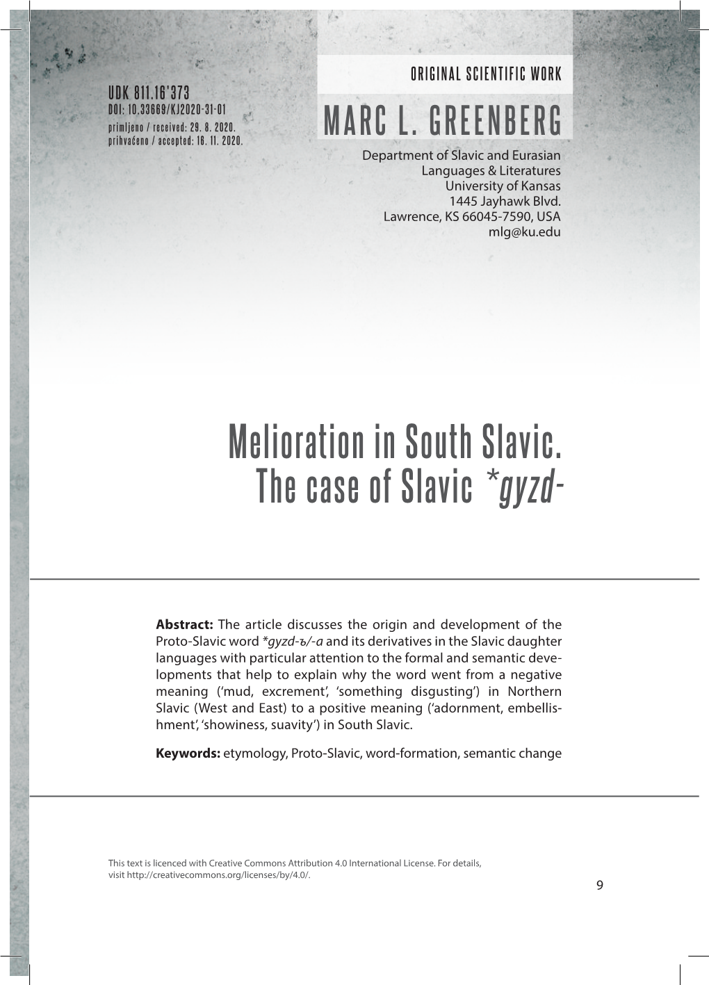 Melioration in South Slavic. the Case of Slavic *Gyzd