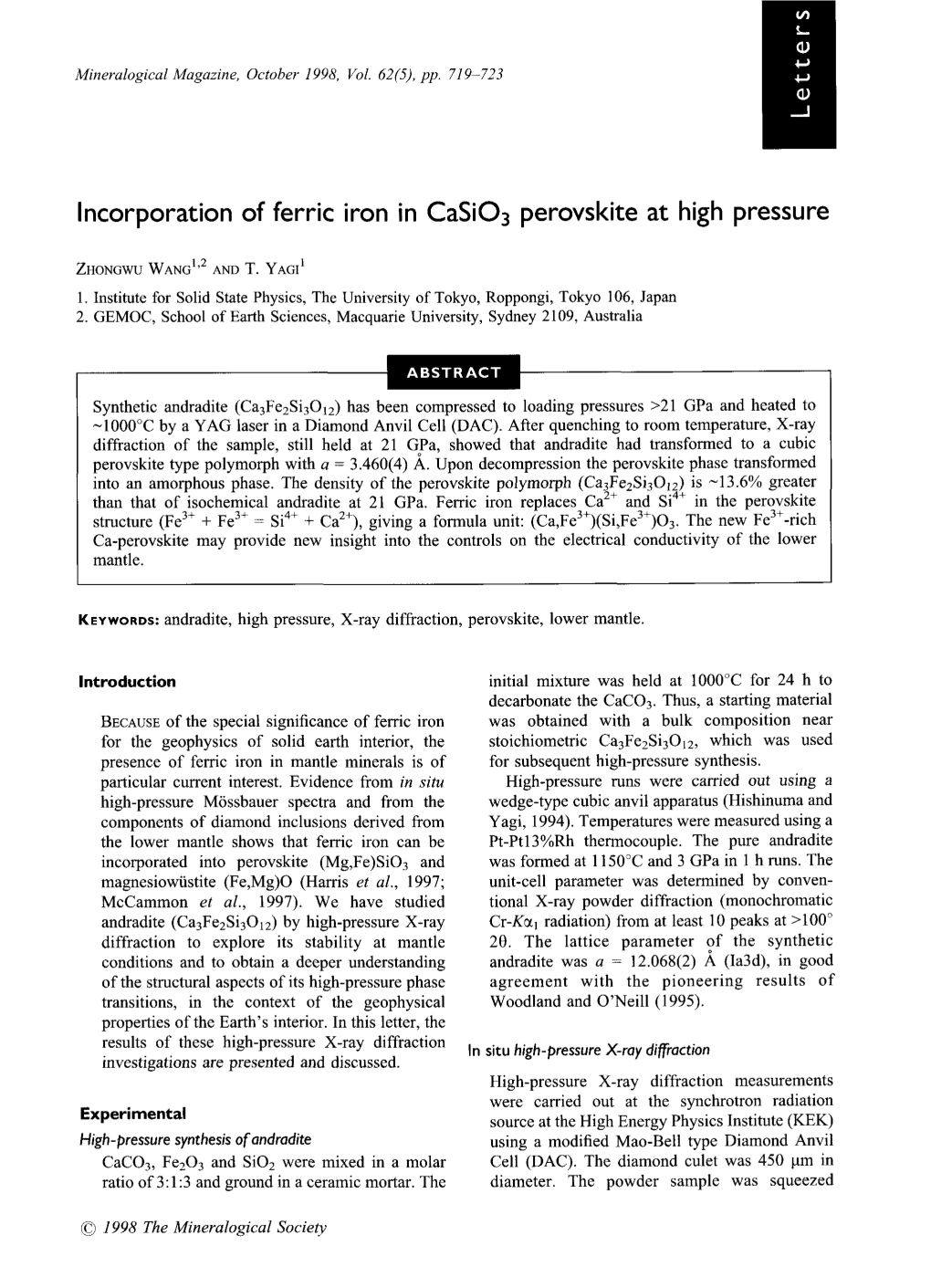 Incorporation of Ferric Iron in Casi03 Perovskite at High Pressure