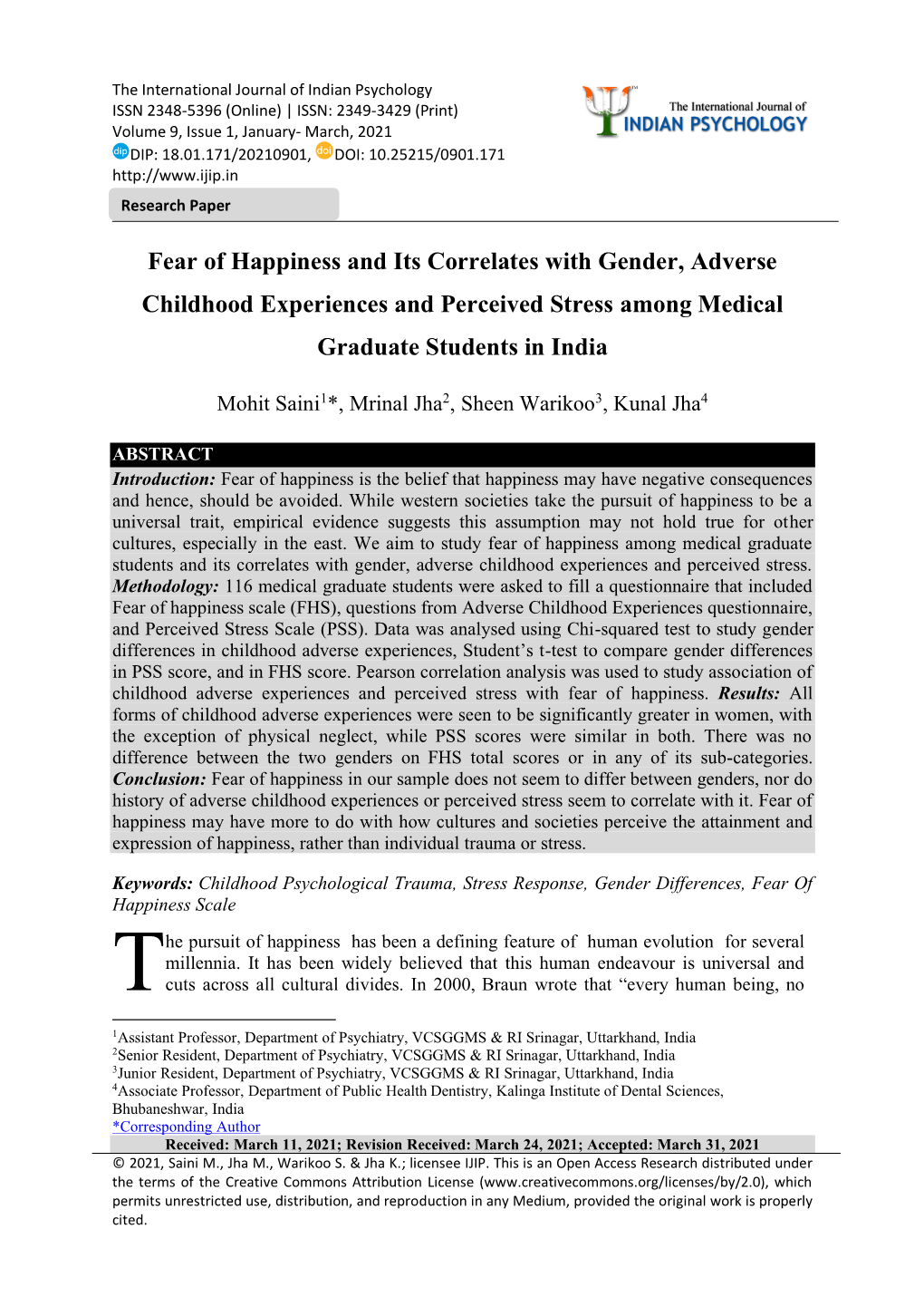 Fear of Happiness and Its Correlates with Gender, Adverse Childhood Experiences and Perceived Stress Among Medical Graduate Students in India