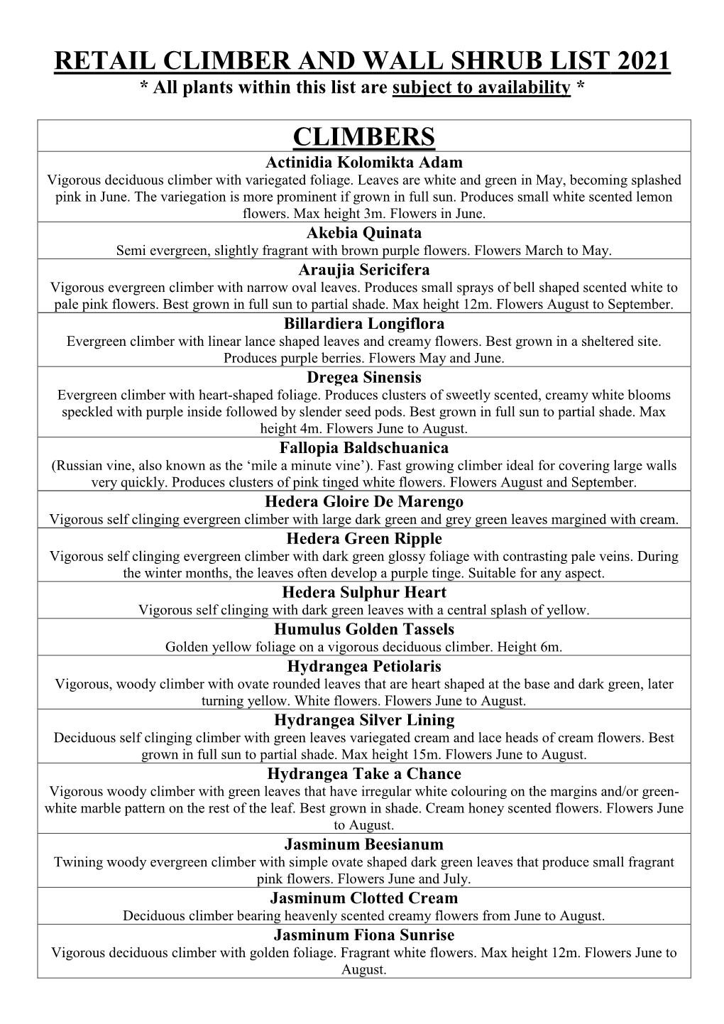 Retail Climber and Wall Shrub List 2021 Climbers