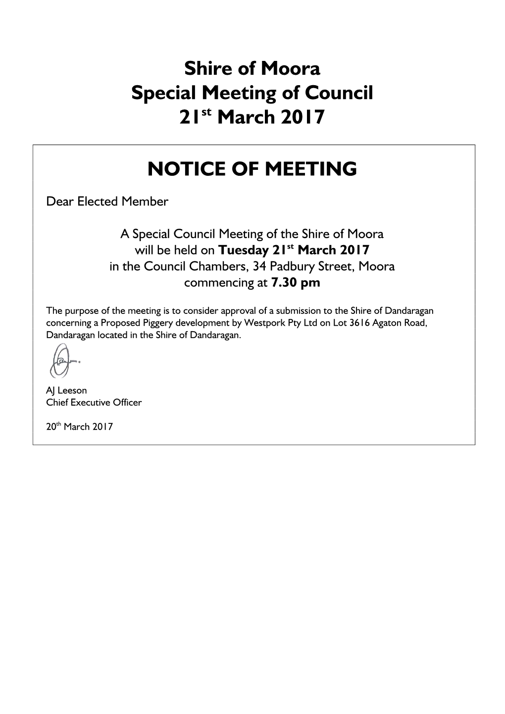 Special Council Meeting Agenda 21 March 2017 Commencing at 7.30Pm