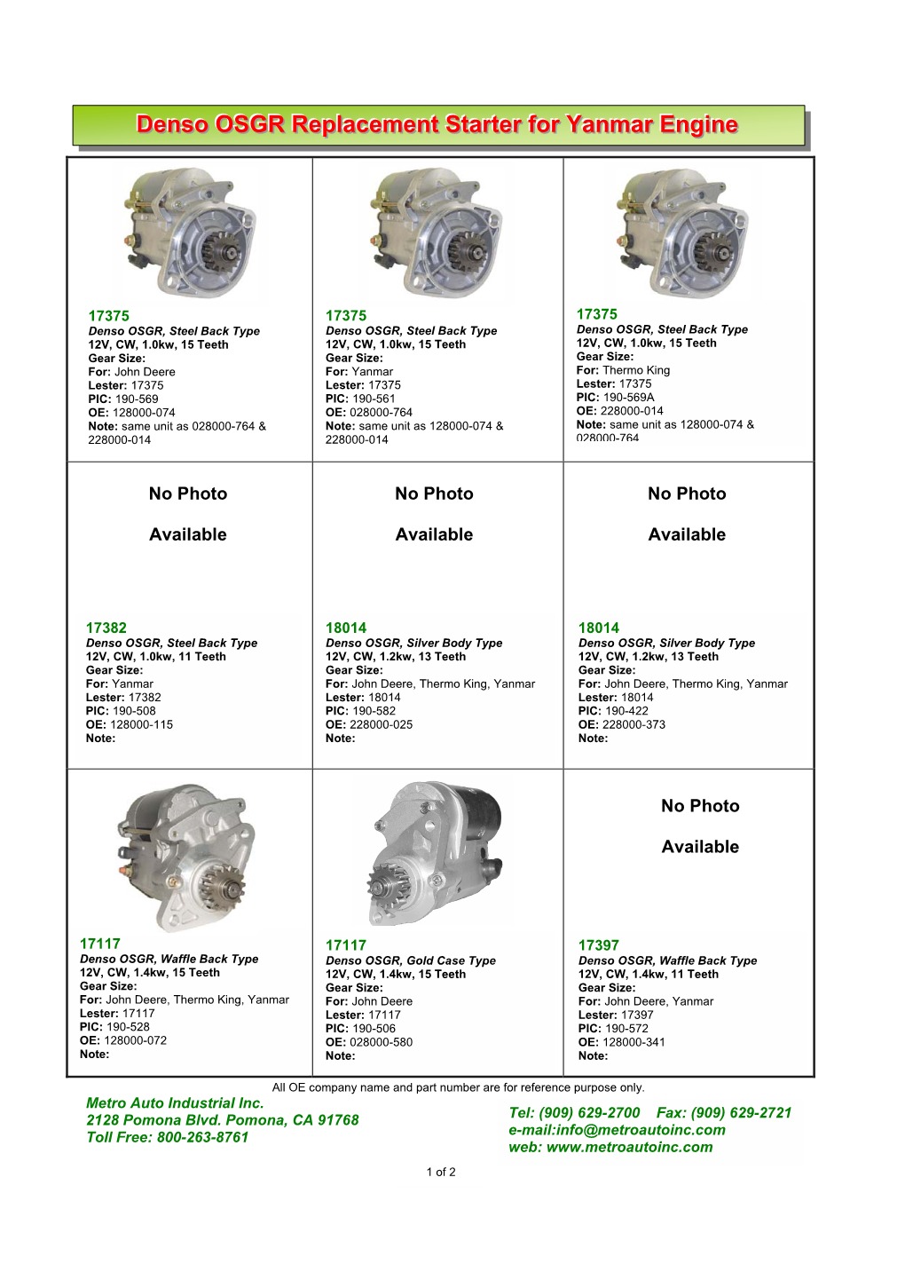 Denso OSGR Replacement Starter for Yanmar Engine