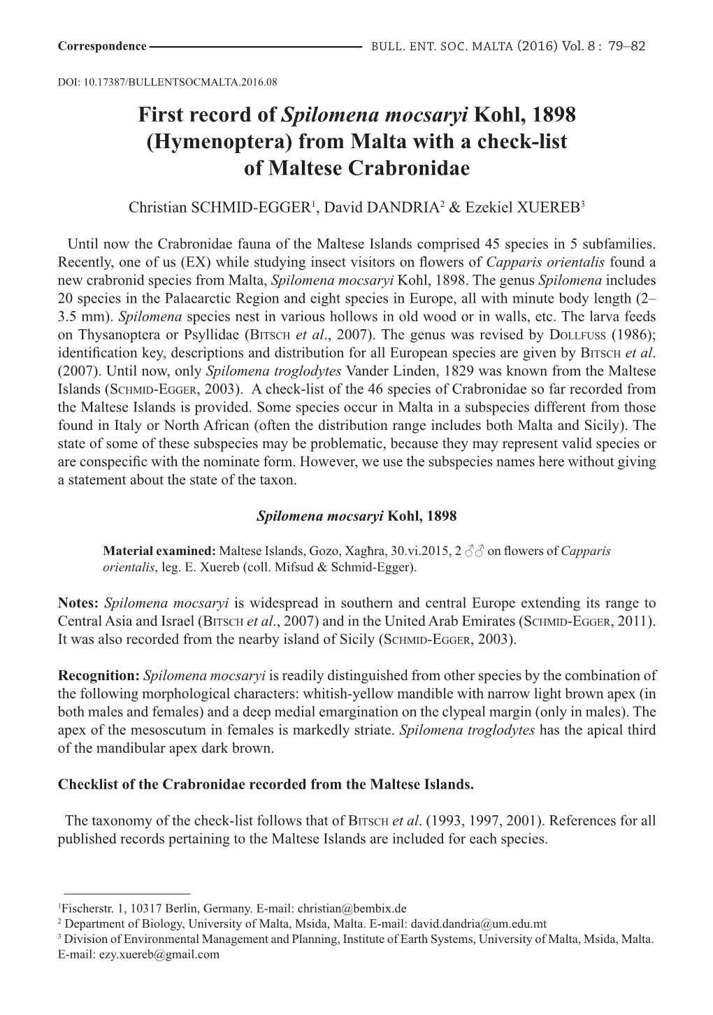 Hymenoptera) from Malta with a Check-List of Maltese Crabronidae