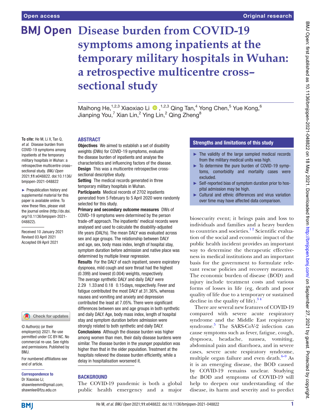 Disease Burden from COVID-19 Symptoms Among Inpatients at the Temporary Military Hospitals in Wuhan: a Retrospective Multicentre Cross– Sectional Study