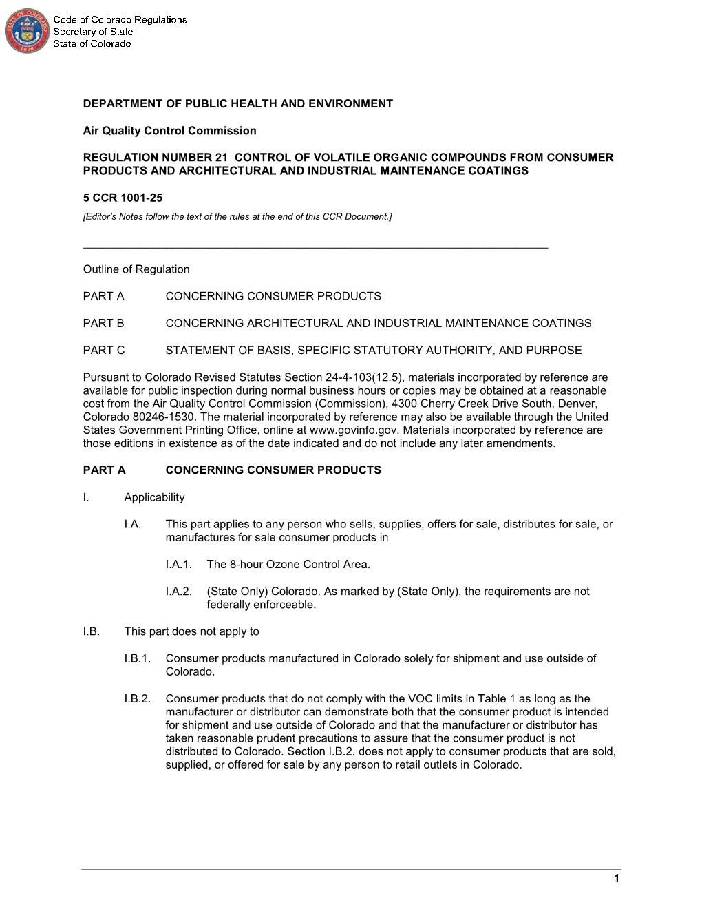 CODE of COLORADO REGULATIONS 5 CCR 1001-25 Air Quality Control Commission