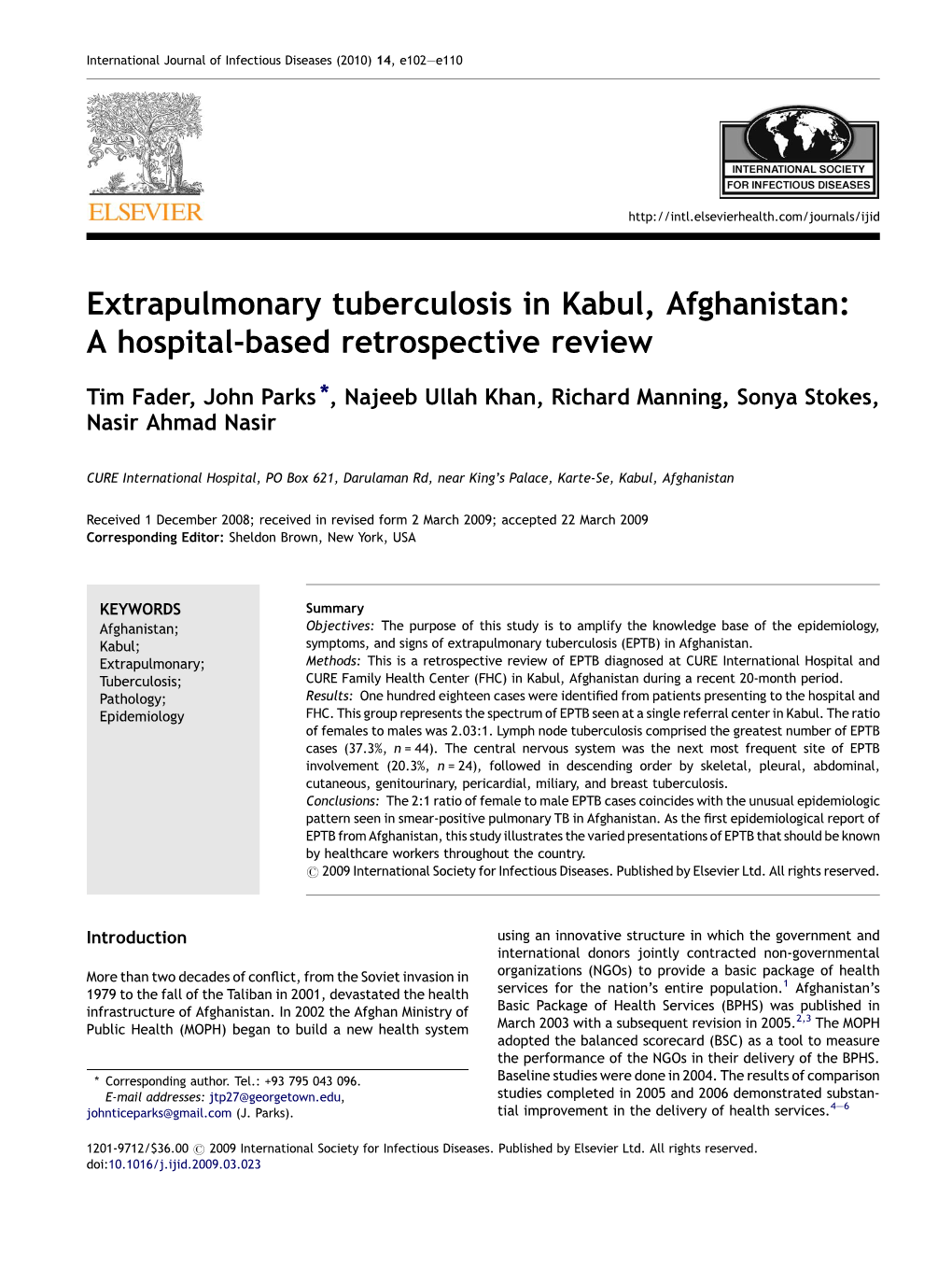 Extrapulmonary Tuberculosis in Kabul, Afghanistan: a Hospital-Based Retrospective Review