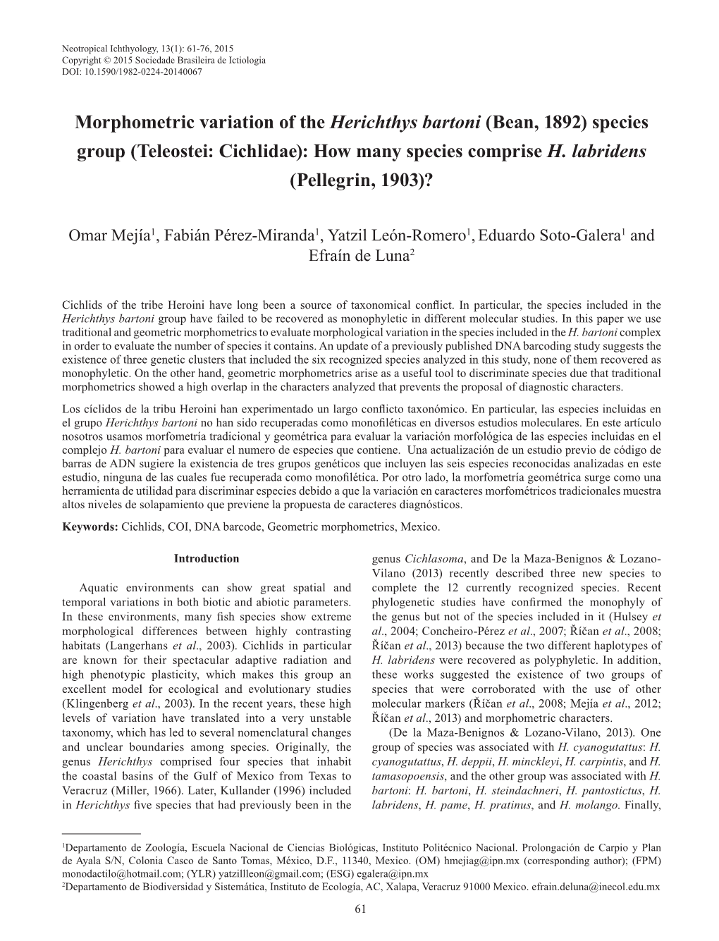 Morphometric Variation of the Herichthys Bartoni (Bean, 1892) Species Group (Teleostei: Cichlidae): How Many Species Comprise H