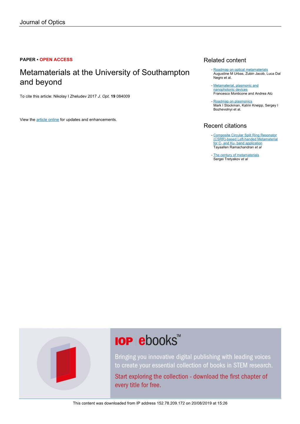 Metamaterials at the University of Southampton and Beyond