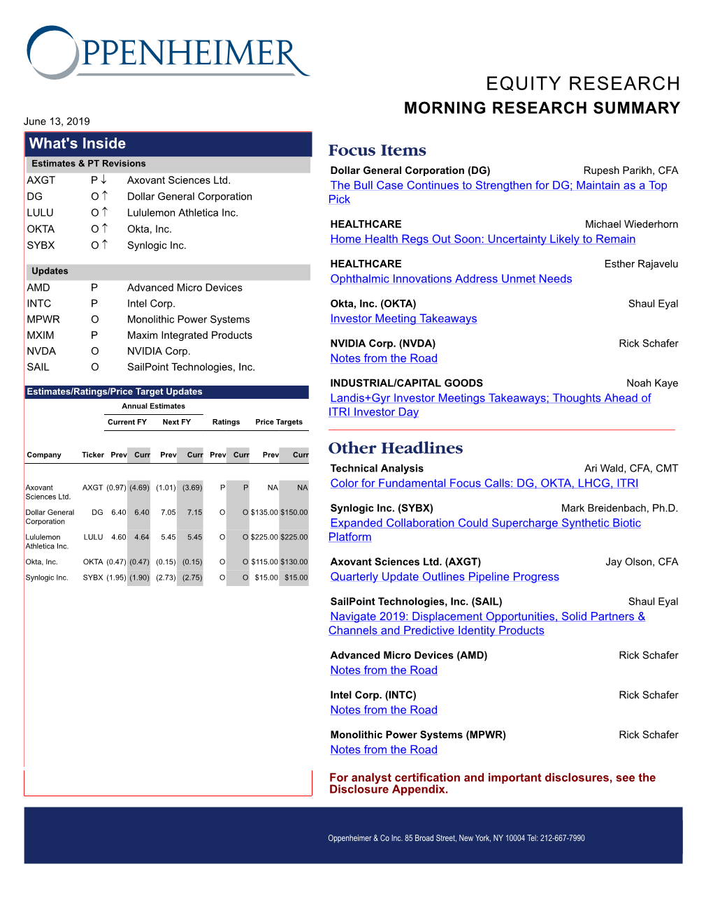 EQUITY RESEARCH MORNING RESEARCH SUMMARY June 13, 2019