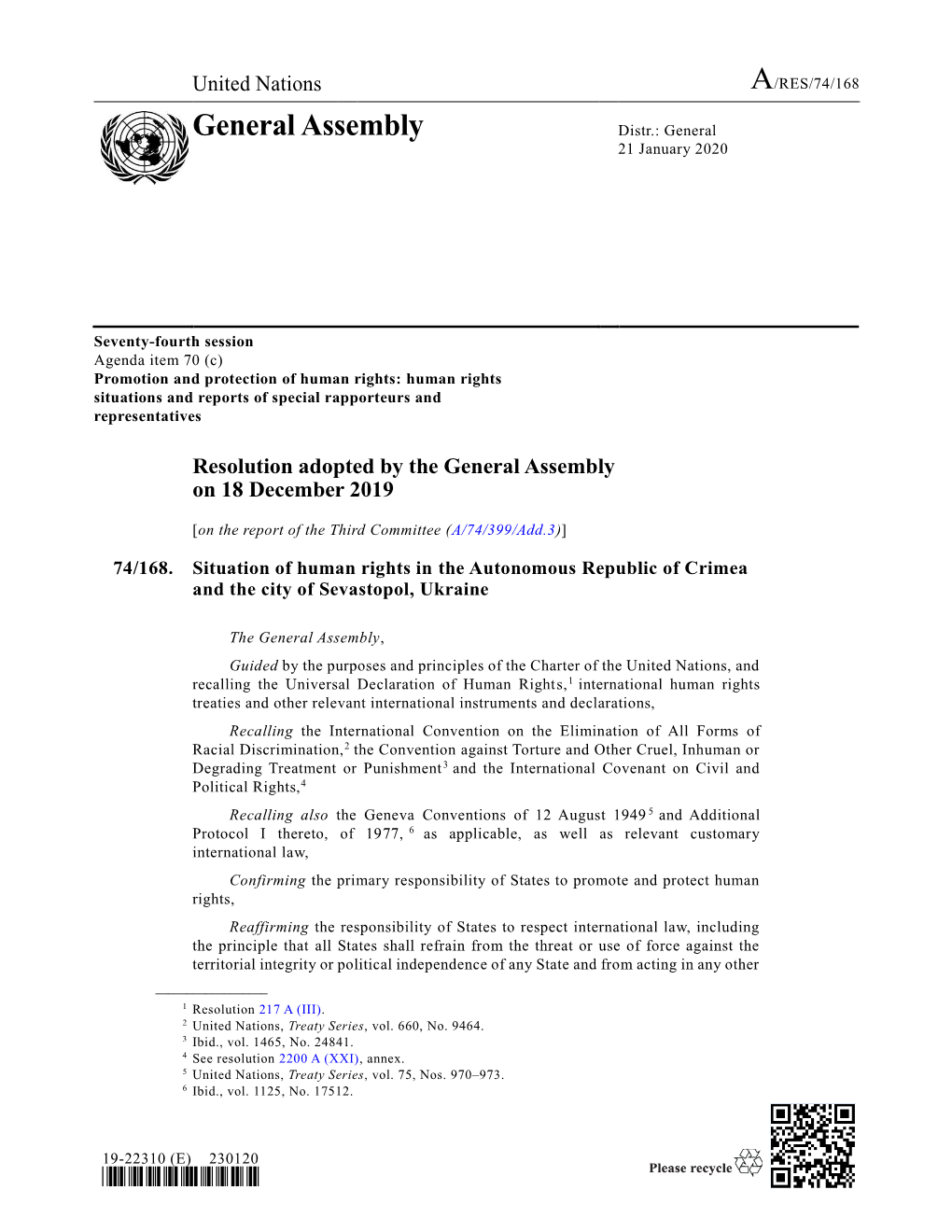 General Assembly Distr.: General 21 January 2020