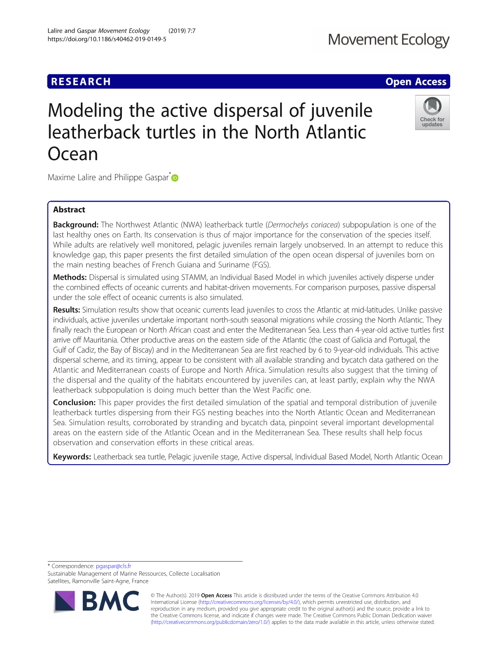 Modeling the Active Dispersal of Juvenile Leatherback Turtles in the North Atlantic Ocean Maxime Lalire and Philippe Gaspar*